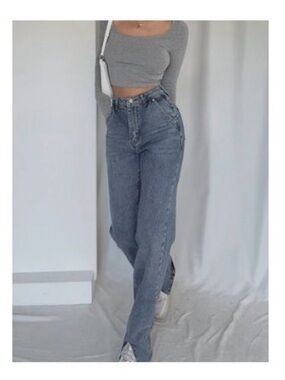 Commense High-Waisted Straight Leg Jeans with Front Slits, Washed Blue, XS, NWT